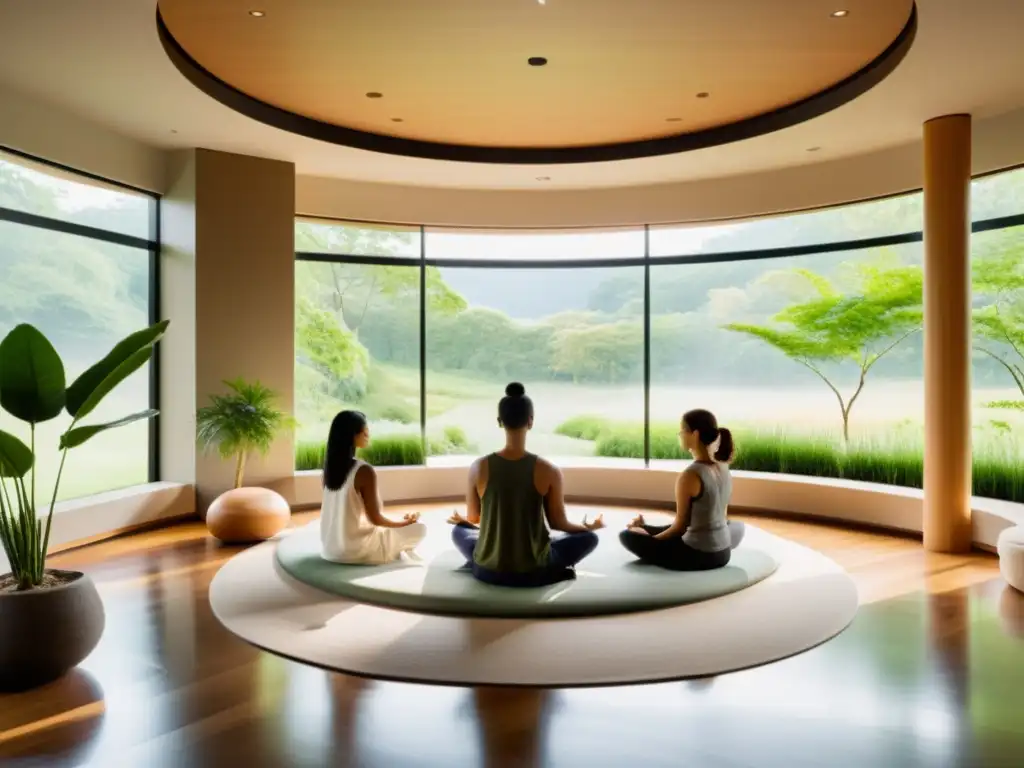 Sala de meditación moderna: profesionales practicando mindfulness Profesionales practican manejo del estrés en sala de meditación con vista a paisaje verde, fomentando la paz y la salud del sistema inmunológico