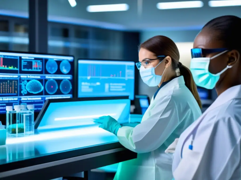 Equipo médico diverso en laboratorio avanzado Profesionales médicos diversificados en laboratorio avanzado, colaborando en preparación y respuesta inmunológica ante epidemias
