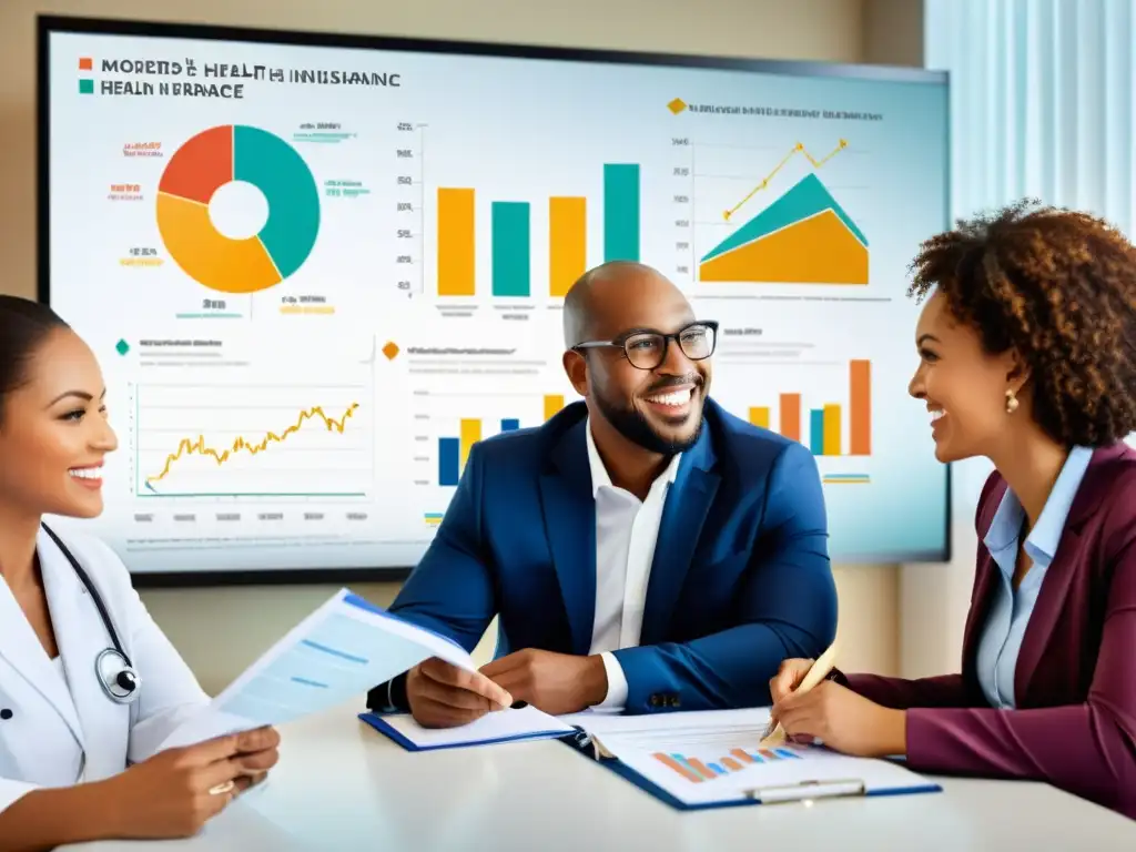 Expertos en seguros de salud analizan planes integrados Profesionales revisando planes de salud medicina integrativa, con gráficos y colaboración experta en la toma de decisiones de cobertura médica