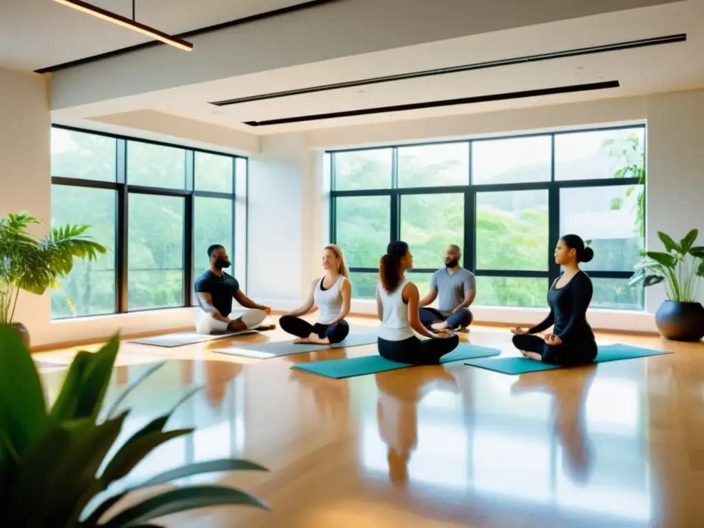 Profesionales en armonía: wellness en la oficina Profesionales participan en programa de bienestar en oficina moderna