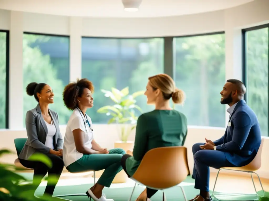 Profesionales de salud en sesión de coaching, en un entorno natural y colaborativo Profesionales de la salud en sesión de coaching para gestionar estrés y bienestar, rodeados de naturaleza y luz natural