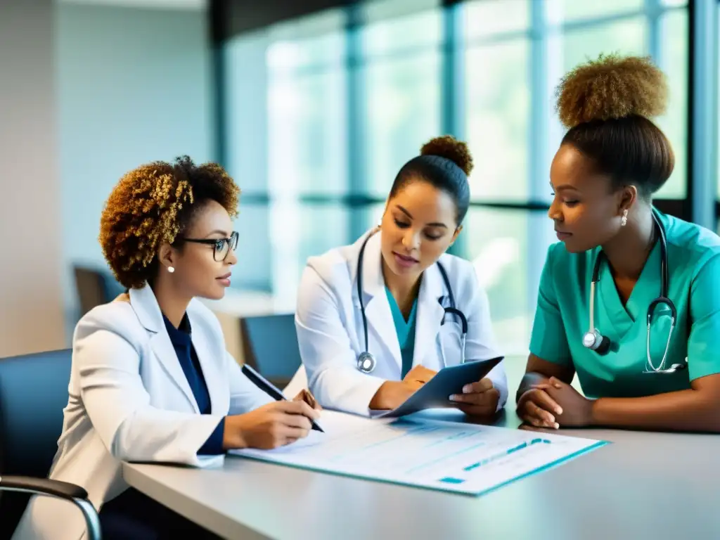Equipo médico experto revisa historias clínicas Profesionales de la salud revisan informes médicos en una clínica moderna y bien iluminada