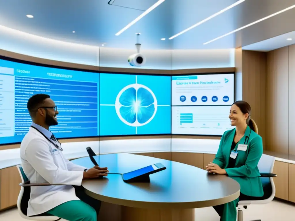 Equipo médico moderno planifica tratamientos de alergia en consulta luminosa Profesionales de la salud discuten el mejor plan de salud para alergias en moderna clínica médica, con equipo de vanguardia y ambiente acogedor