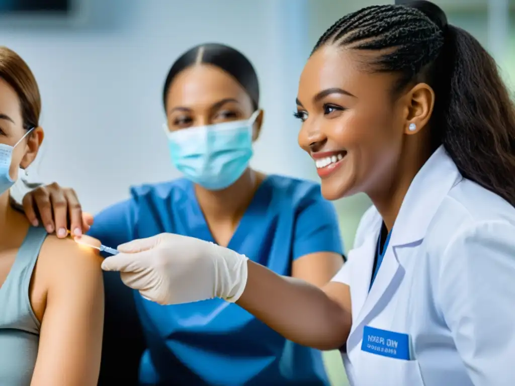 Profesionales de la salud vacunando en instalaciones modernas Profesionales de la salud administrando vacunas en un centro médico avanzado