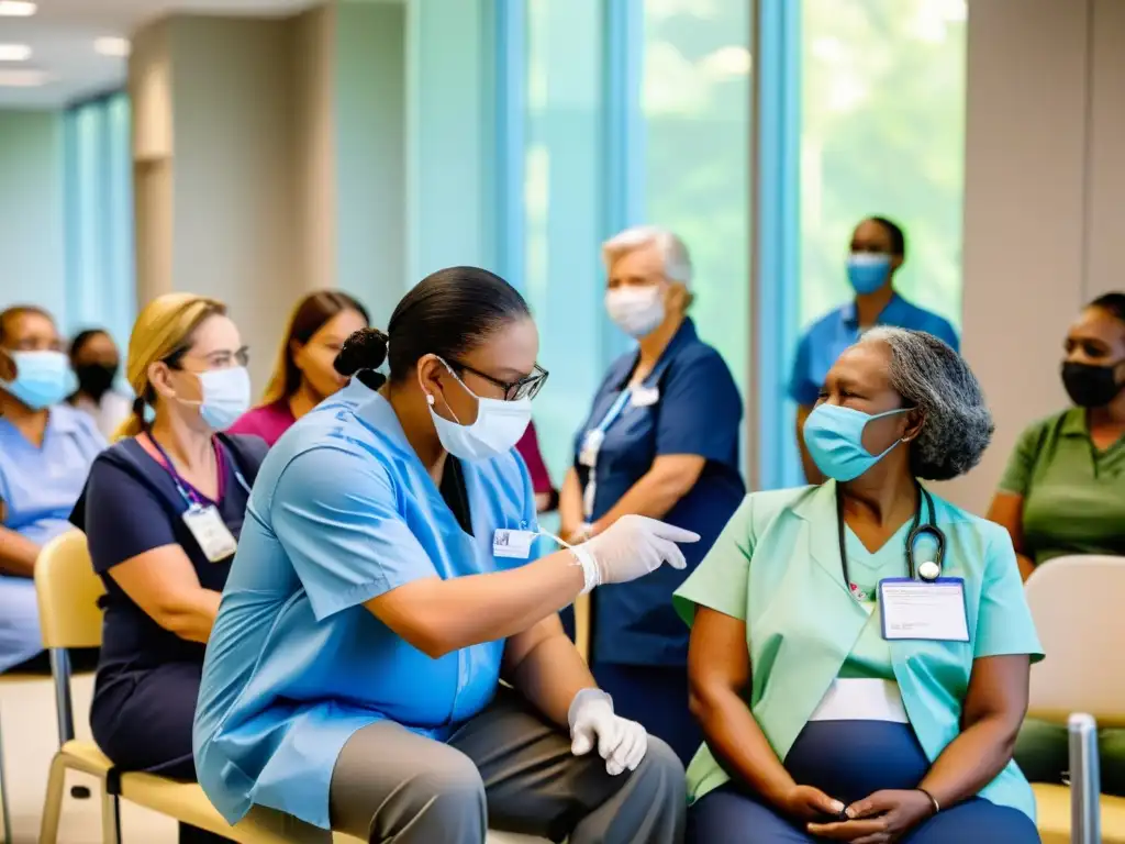 Vacunación inclusiva y segura para todas las edades en un entorno moderno Profesionales de la salud administrando vacunas a un grupo diverso en un centro médico moderno y acogedor
