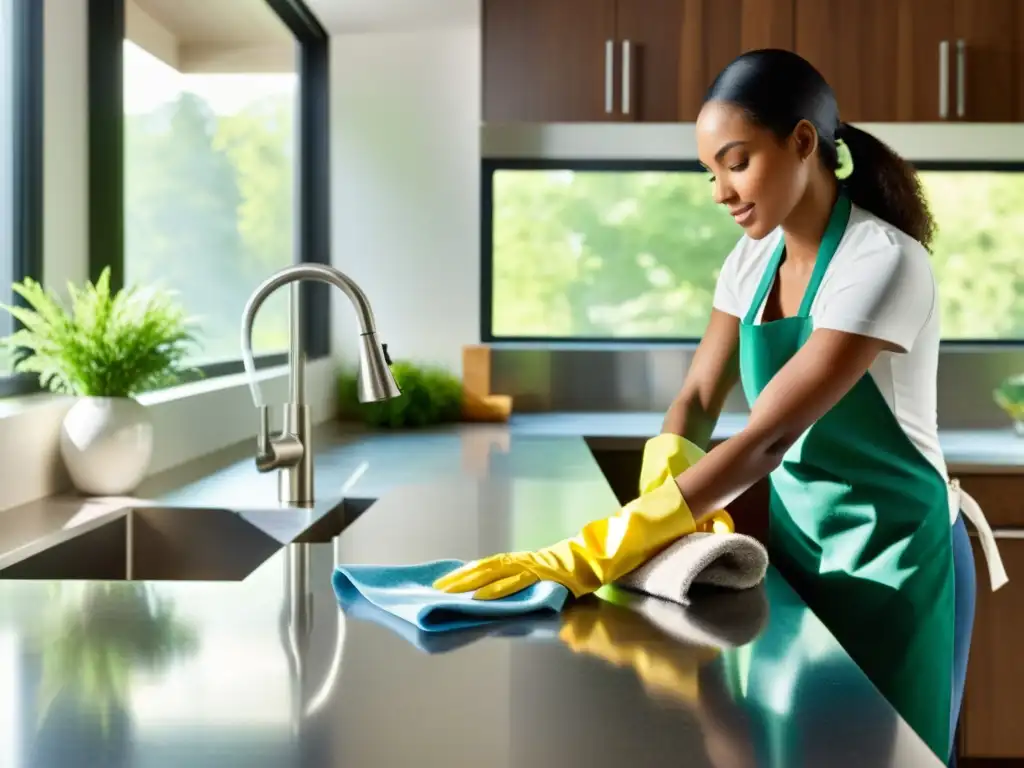 Cocina impecable: limpieza profesional y saludable Profesionales realizando técnicas de limpieza para reducir alérgenos y promover la inmunidad en una cocina impecable y moderna