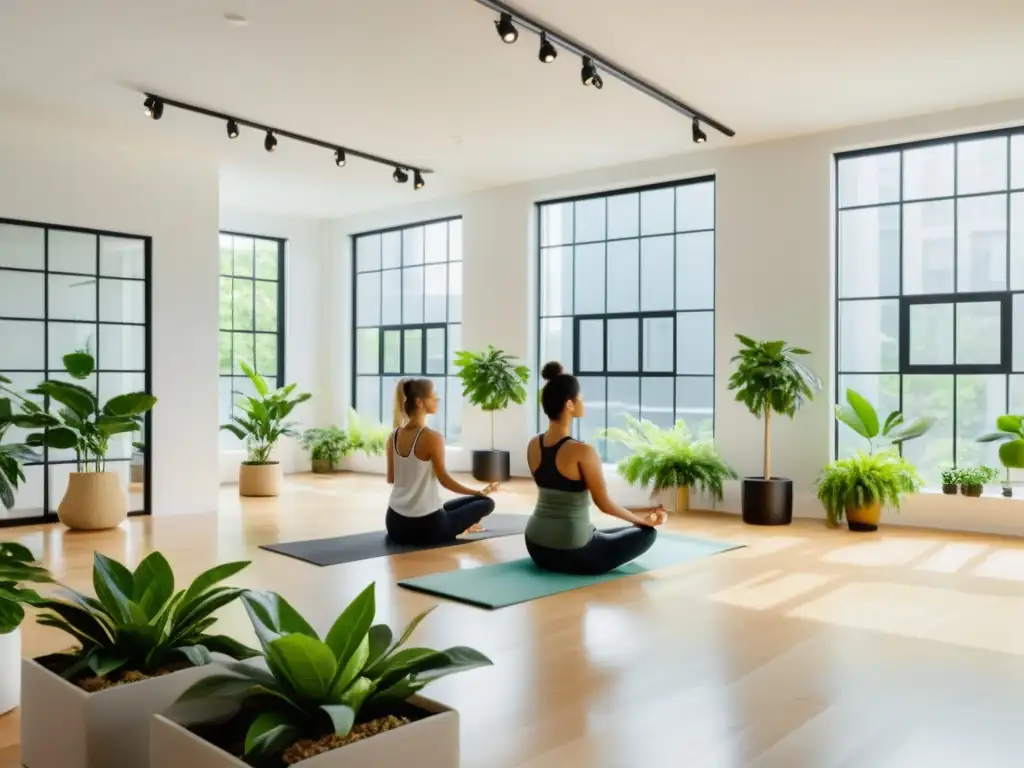 Yoga para fortalecer el sistema inmune en la oficina moderna Profesionales practican yoga en una oficina moderna, fomentando el sistema inmunológico