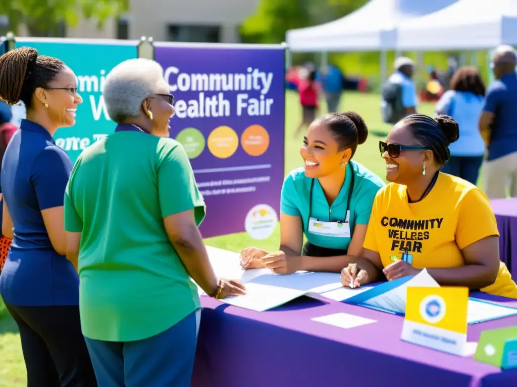 Programas de concientización sobre inmunidad en feria de salud comunitaria, con gente diversa participando en actividades educativas y dinámicas