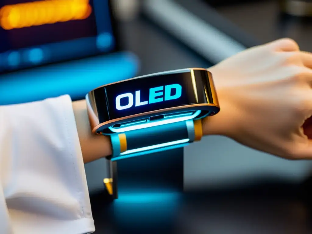 Bracelet inteligente con tecnología OLED y datos de salud en tiempo real Una pulsera inteligente muestra datos de salud inmunológica en un entorno científico futurista