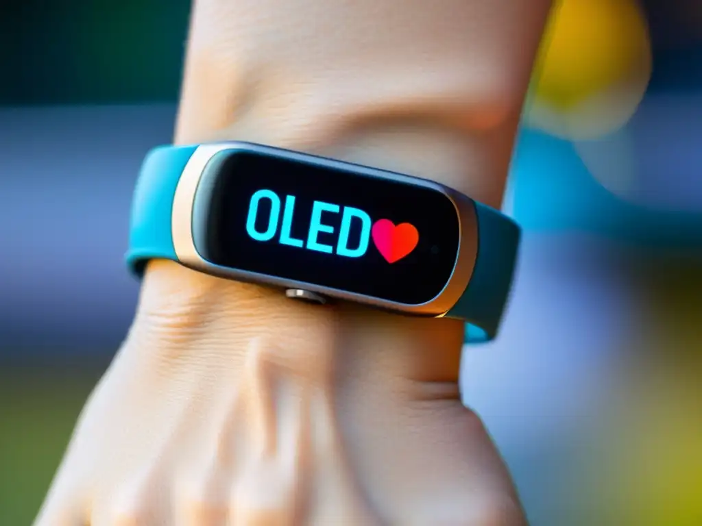 Smartwatch de alta tecnología con pantalla OLED detallada Una pulsera inteligente de diseño futurista muestra datos biométricos en una pantalla OLED brillante, resaltando su estética avanzada