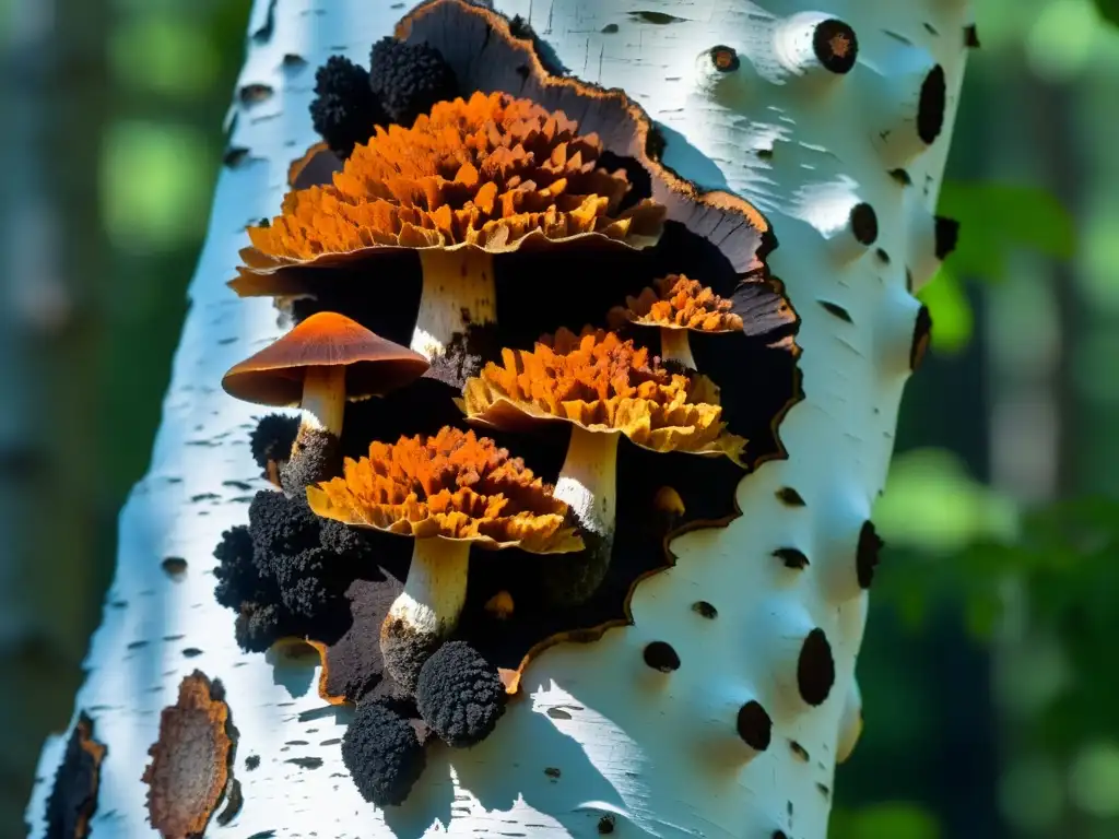 Detalles asombrosos de hongos Chaga en un abedul Un racimo de hongos Chaga en un árbol de abedul