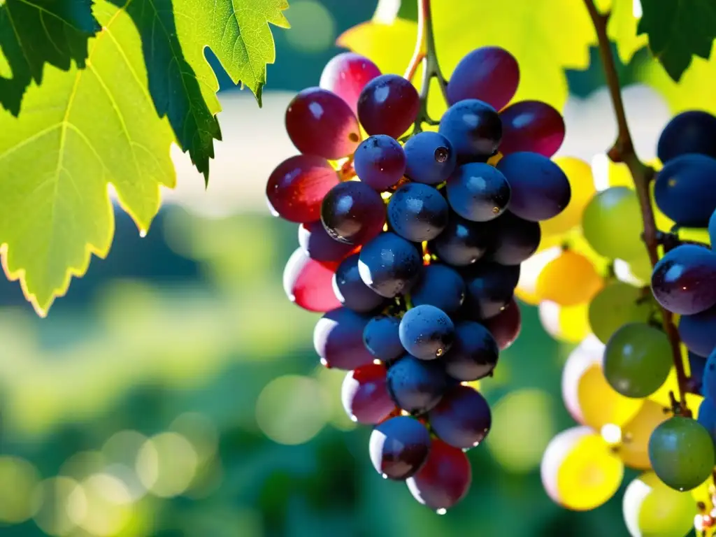 Deliciosas uvas moradas cargadas de antioxidantes y belleza natural Un racimo de uvas moradas brillantes con rocío, resaltando su atractivo natural y el papel del glutatión en el sistema inmunológico
