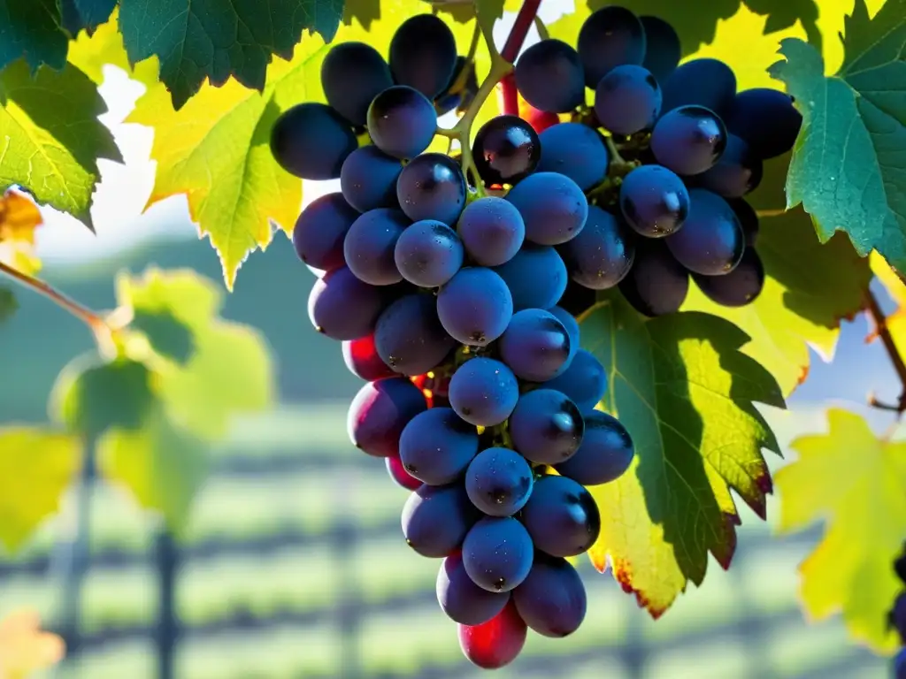 Uvas púrpuras relucientes en la vid Un racimo de uvas moradas con gotas de rocío, bañado por la luz del sol