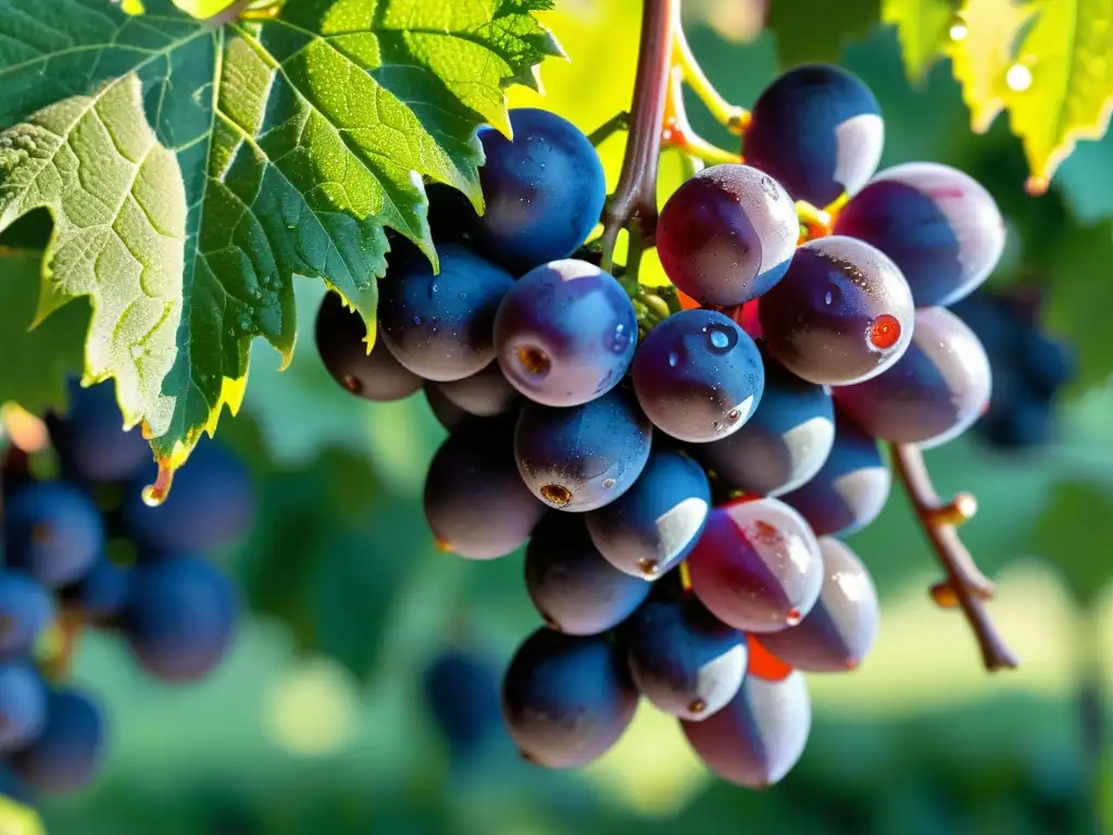 Uvas moradas relucientes: detalle impresionante Racimo de uvas moradas con gotas de rocío, rodeadas de hojas verdes