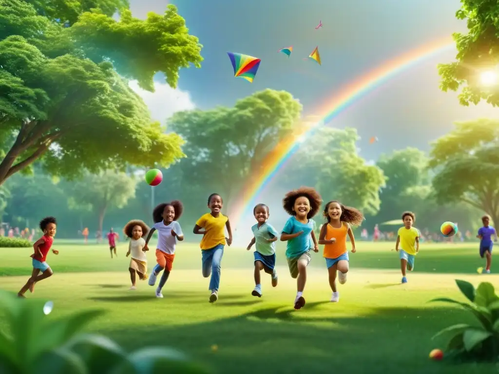 Niños felices jugando en un parque verde Un radiante parque verde en 8K con niños felices jugando, simbolizando la vitalidad y la importancia de la salud inmunológica en la infancia
