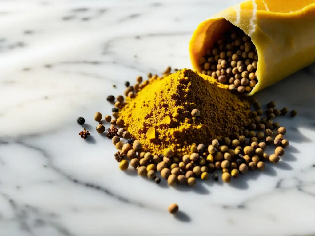 Raíces de cúrcuma y pimienta: detalle vibrante Raíces de cúrcuma amarilla vibrante y granos de pimienta negra en una tabla de cortar de mármol, bañados por la luz del sol