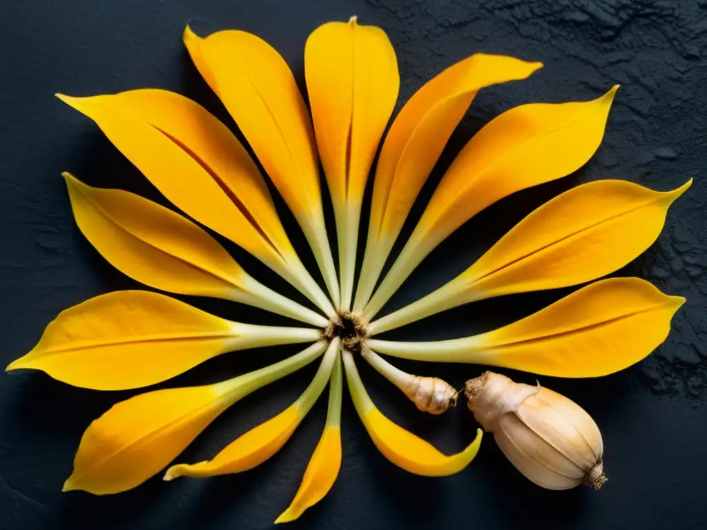Raíces de cúrcuma vibrantes: belleza natural y beneficios saludables Raíces de cúrcuma brillantes en patrón atractivo sobre superficie oscura, transmitiendo belleza natural y beneficios curcumina en sistema inmunológico