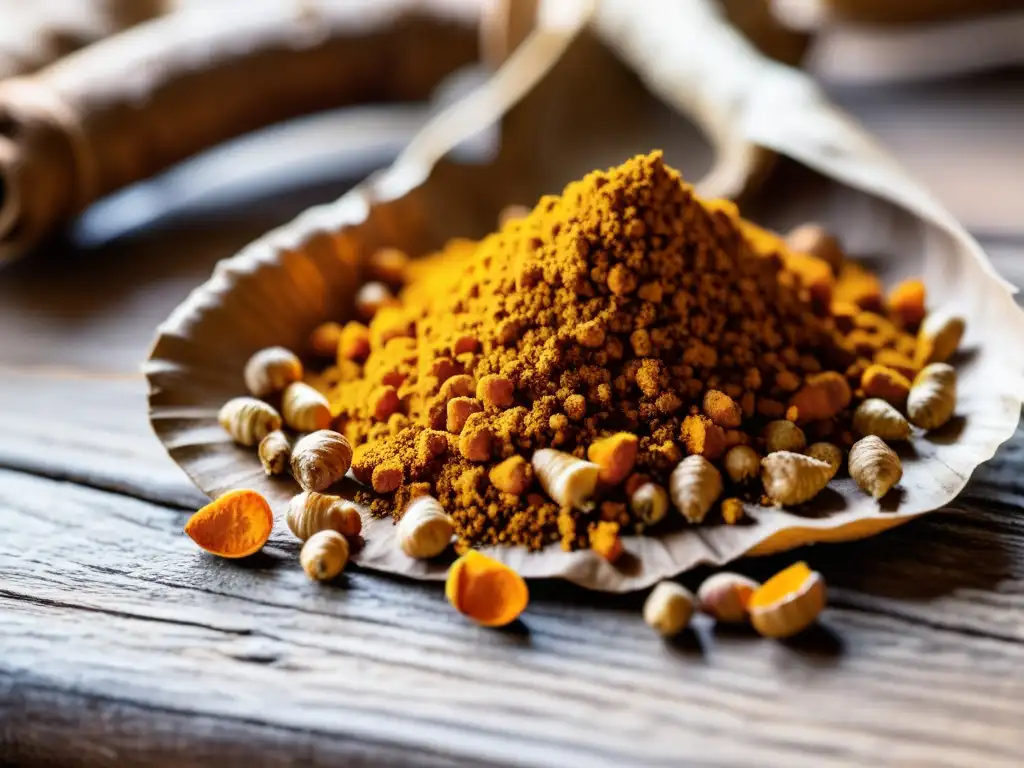 Raíces de cúrcuma: belleza natural y vitalidad Raíces de cúrcuma recién cosechadas en una superficie de madera, bañadas por la cálida luz del sol
