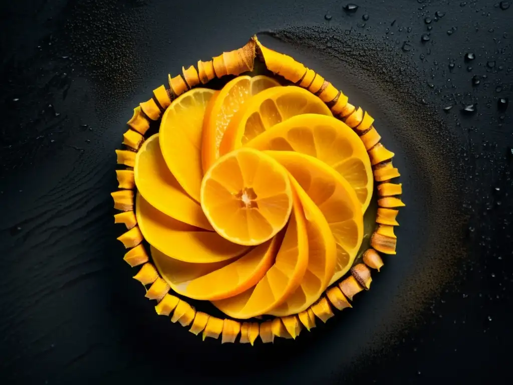 Raíces de cúrcuma vibrantes en espiral Raíces de cúrcuma vibrantes en espiral sobre fondo oscuro, resaltando beneficios curcumina sistema inmunológico con gotas de agua