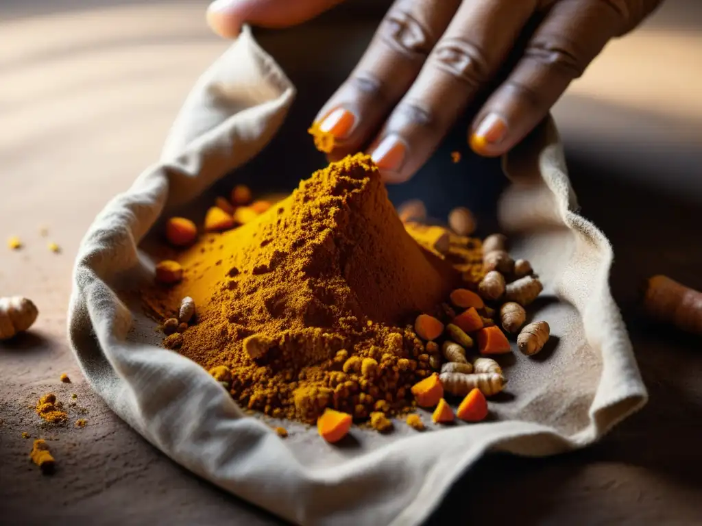 Raíces de cúrcuma vibrantes siendo molidas en polvo, resaltando la fuente natural de curcumina y sus beneficios para el sistema inmunológico