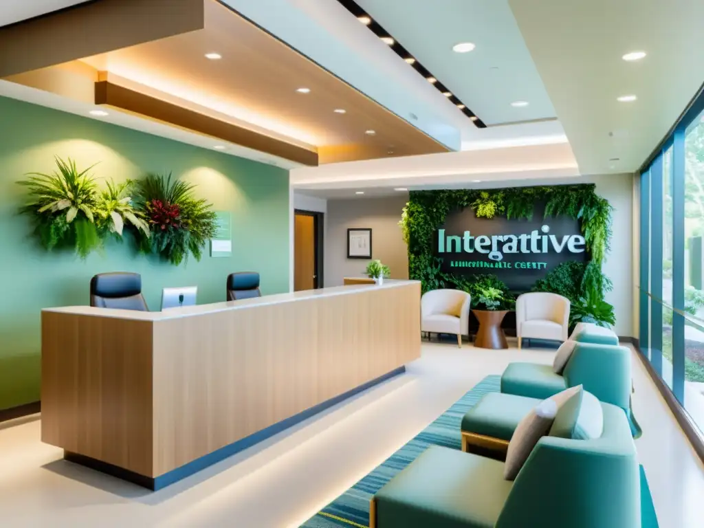 Centro de Medicina Integrativa: Ambiente Sereno y Moderno Recepción de centro médico integrativo con diseño moderno, luz natural y ambiente acogedor
