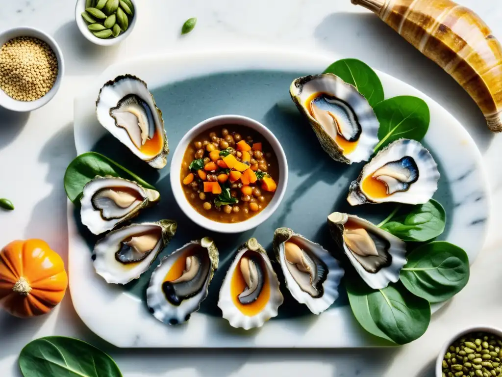 Exquisita variedad de alimentos ricos en zinc en tabla de mármol Recetas con alimentos ricos en zinc: una exquisita variedad de ostras, carne, espinacas, semillas de calabaza y lentejas sobre tabla de mármol