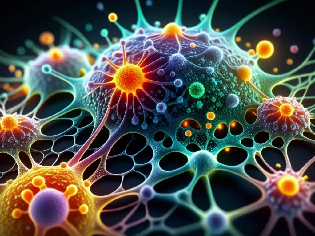 Increíble red de células del sistema inmunológico: detalle y color vibrante Una red de células del sistema inmunológico interconectadas con colores vibrantes y patrones web, destacando su naturaleza dinámica