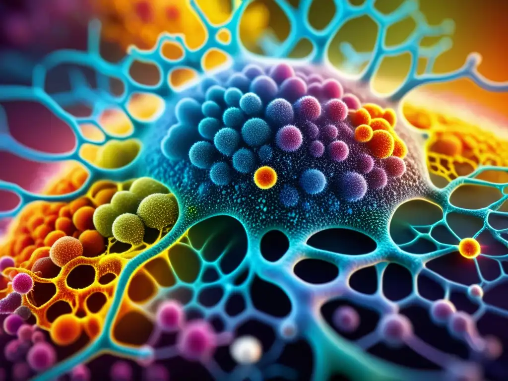 Intrincado mundo inmune: células activas y vibrantes Una red colorida y detallada de células inmunes humanas, revelando patrones ocultos en salud humana