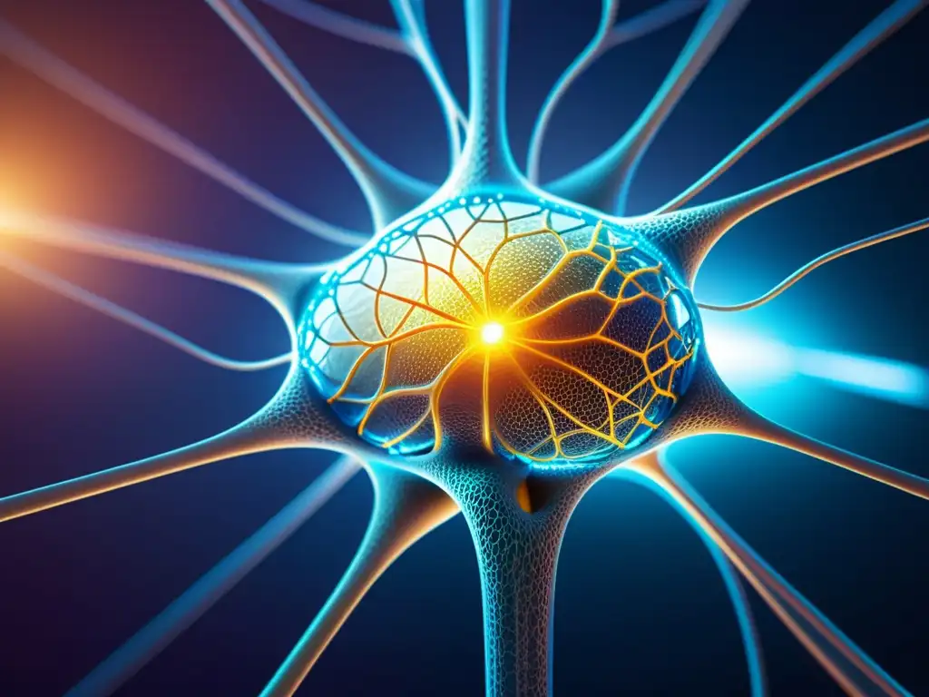 Red de fibras brillantes: conexión inmune y fibromialgia Red de conexiones brillantes entre sistema inmunitario y fibromialgia, evocando avance médico y tecnológico