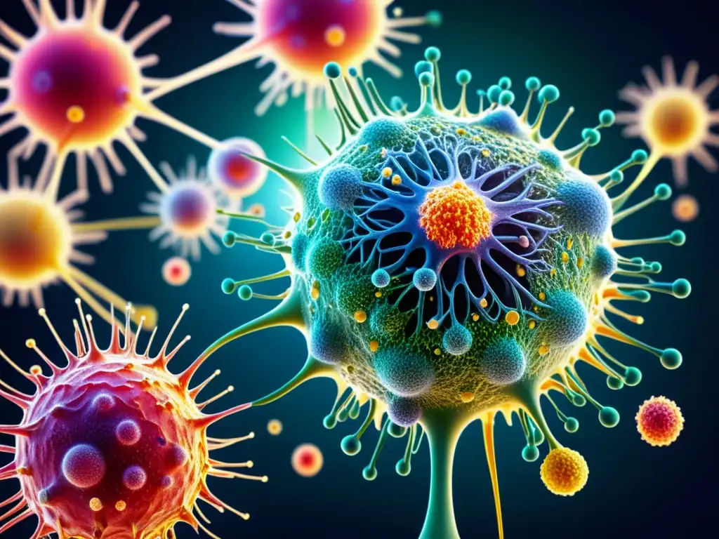 Red de células inmunitarias: detallada y vibrante Una red inmunológica vibrante y detallada, con células T, células B y macrófagos interconectados, mostrando vías de señalización molecular y la interacción de citoquinas