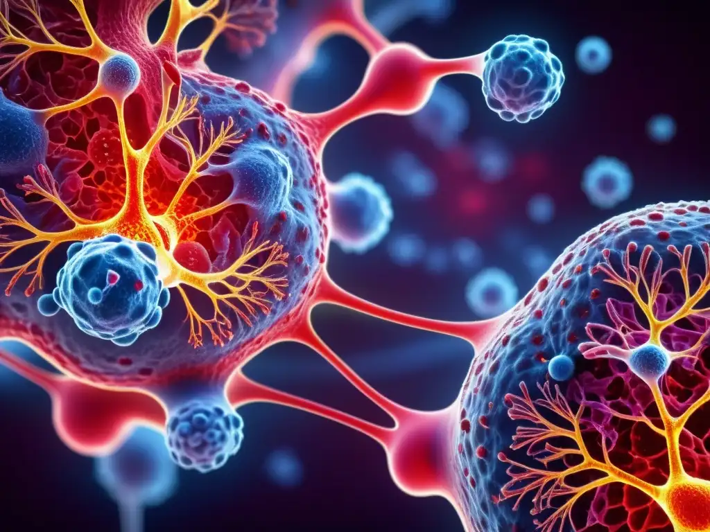Efectos del estrés crónico en el sistema inmune: microscópica inflamación Red interconectada de vasos sanguíneos y células inmunitarias inflamadas, muestra la relación entre estrés psicológico y enfermedades autoinmunes