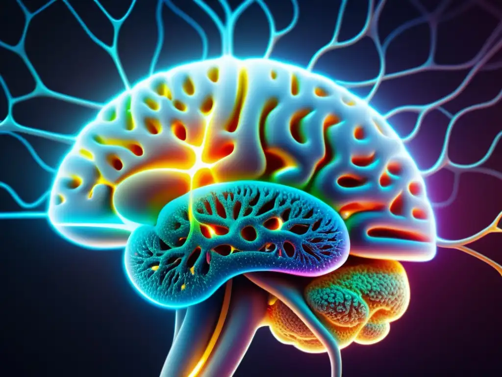 Red intrincada: neurored brillante y detallada del cerebro Una red neural detallada y vibrante en el cerebro, muestra la complejidad de la comunicación