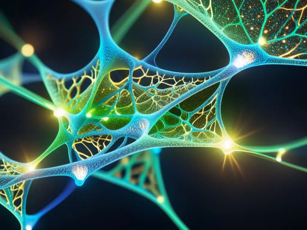 Red de Neuronas y ADN luminoso: Energía y Vitalidad Una red de neuronas vibrantes y brillantes se entrelaza con delicados hilos de ADN en un fondo oscuro, pulsando con energía