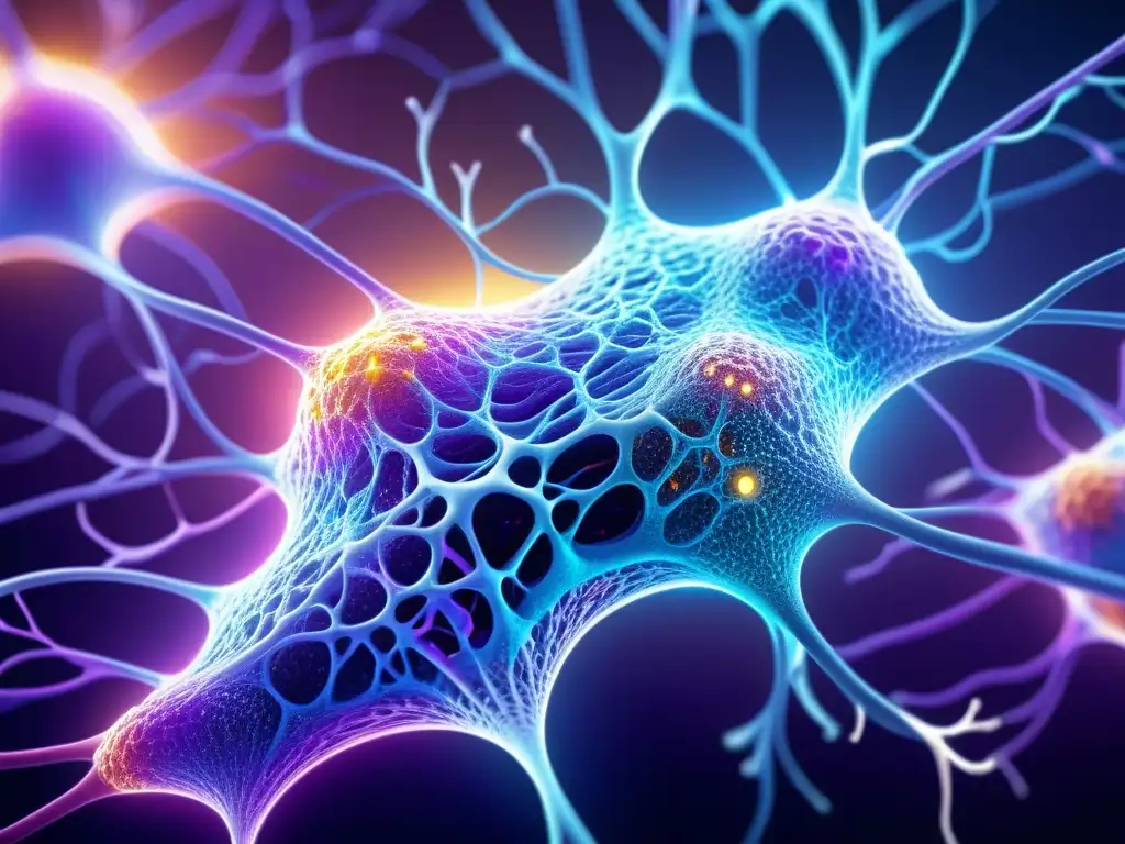 Impactante red neural y células inmunes en arte moderno Una red vibrante y detallada de vías neuronales e células inmunes, conectadas en arte moderno, resaltando la relación estrés-sistema inmunológico
