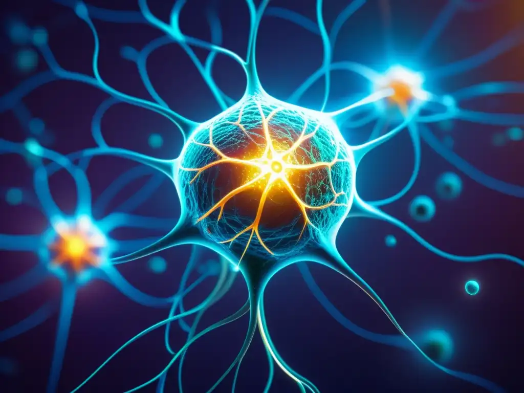 Red de Neuronas Creativas y Células Inmunes: Energía Vital Una red vibrante de neuronas e células inmunes, pulsando con vitalidad, simbolizando la relación armónica entre creatividad y sistema inmunológico, fortaleciendo el pensamiento innovador para fortalecer el sistema inmunológico