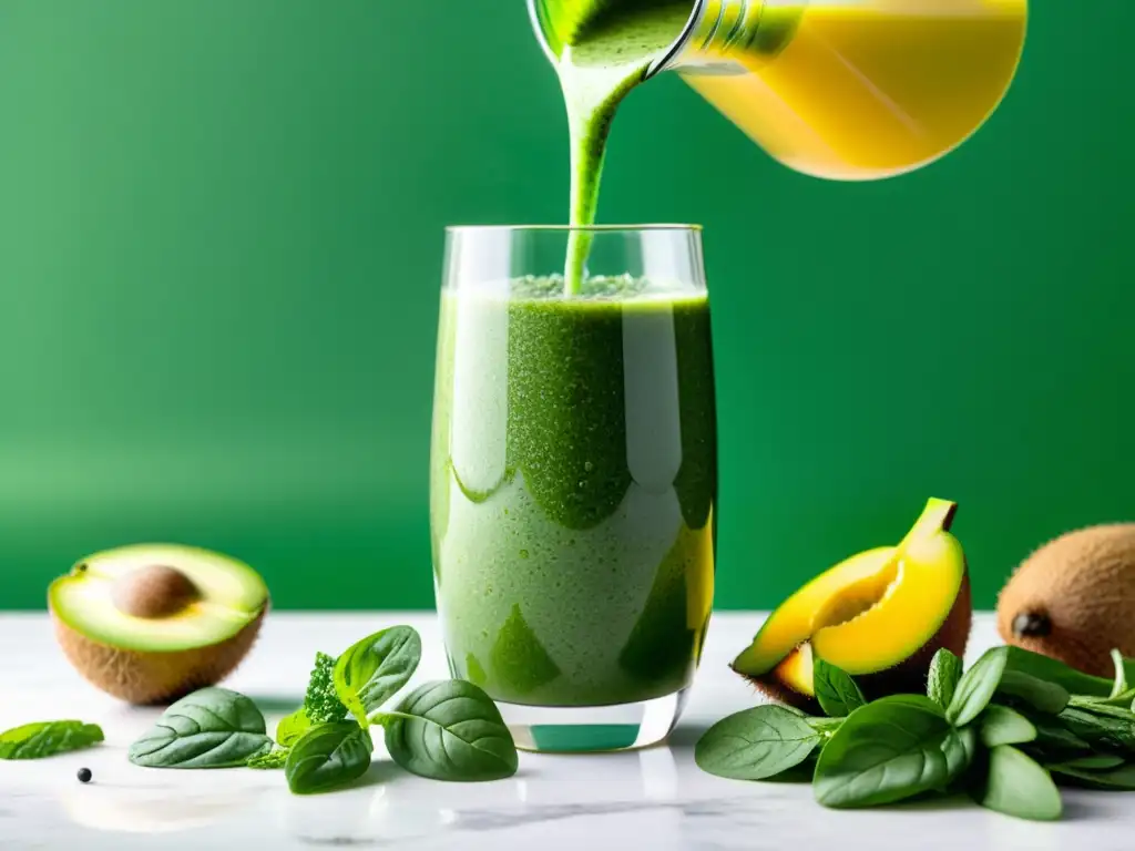 Refrescante smoothie verde en vaso sobre mármol blanco Un refrescante batido verde con chia y kiwi, sobre mármol blanco iluminado, evocando vitalidad y limpieza corporal sistema inmunológico
