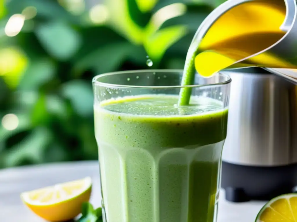 Refrescante smoothie verde con chia y lima Un refrescante smoothie verde se vierte en un vaso, destacando su frescura y vitalidad