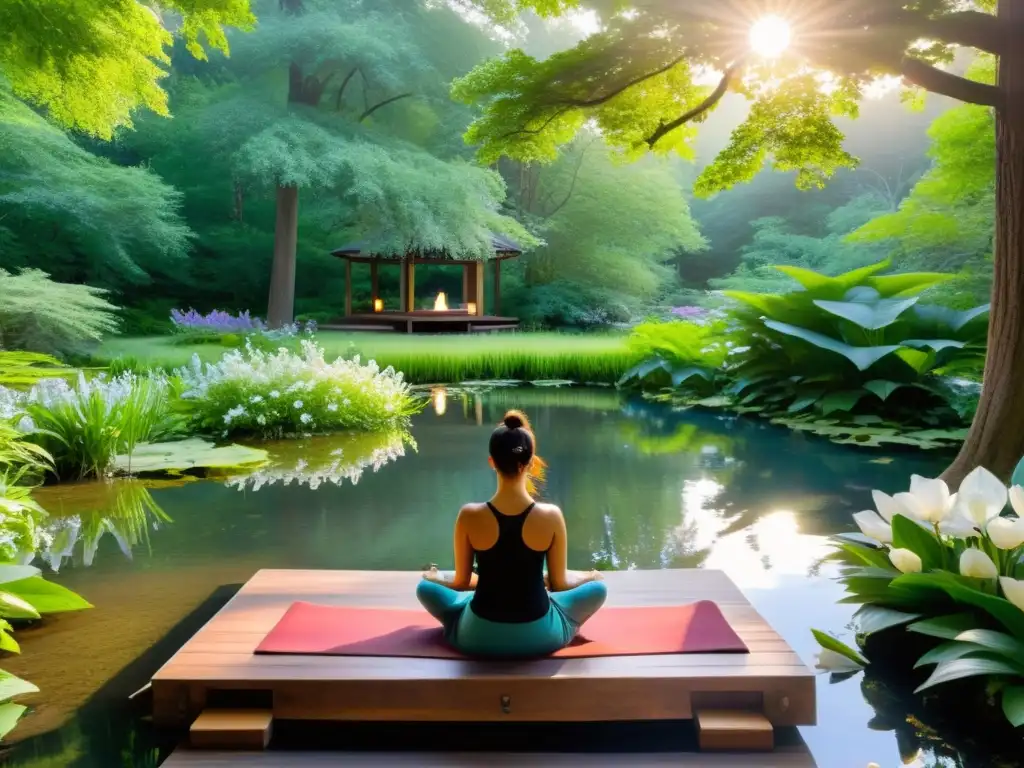 Retiro de meditación en el bosque: Paz y armonía natural Un refugio de meditación inmerso en un exuberante bosque, con un estanque tranquilo y una plataforma de yoga rodeada de flores