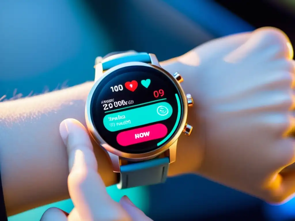 Un reloj inteligente de alta tecnología muestra datos de salud en una muñeca, en un entorno futurista