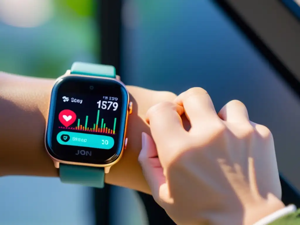 Un reloj inteligente de última generación muestra métricas de salud detalladas en una pantalla vibrante, en un entorno sofisticado y futurista