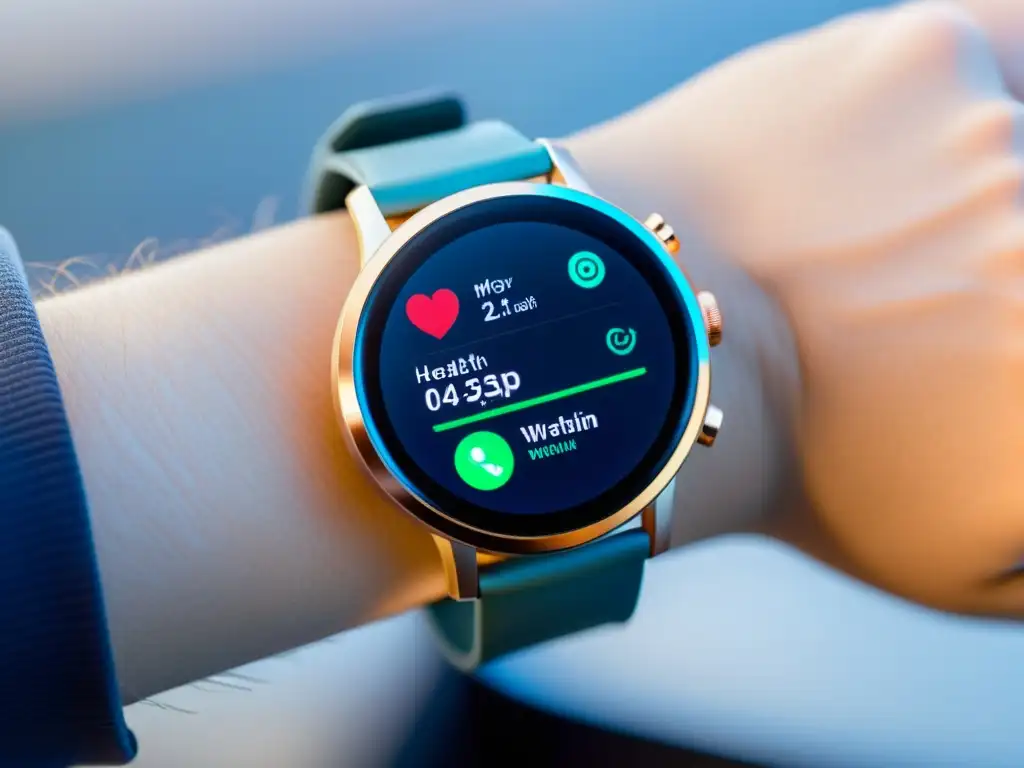 Smartwatch de vanguardia: monitorización de salud detallada Un reloj inteligente moderno muestra datos detallados de seguimiento de la salud, resaltando la innovación y monitoreo avanzado de la salud