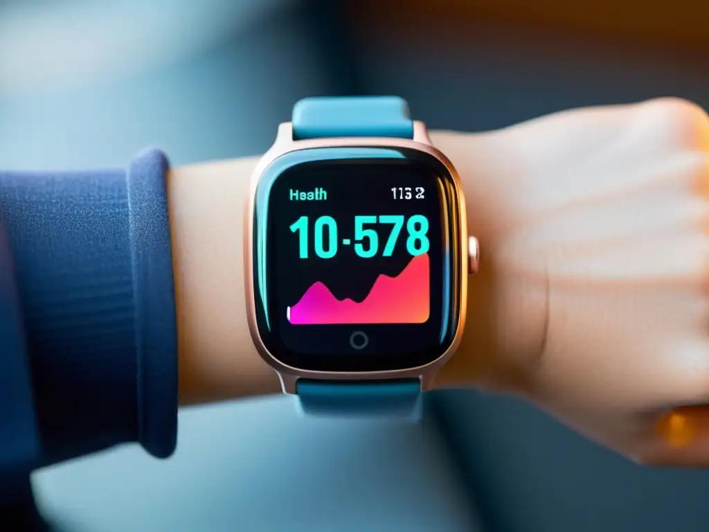 Smartwatch moderno con pantalla vibrante y datos de salud y fitness Un reloj inteligente moderno muestra datos de salud y fitness en una pantalla de alta resolución