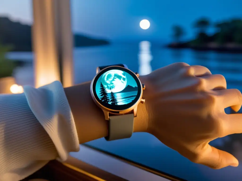 Reloj inteligente con imagen de bosque nocturno Un reloj inteligente moderno con pantalla de bosque lunar, promoviendo dispositivos wearables para mejorar el sistema inmunológico