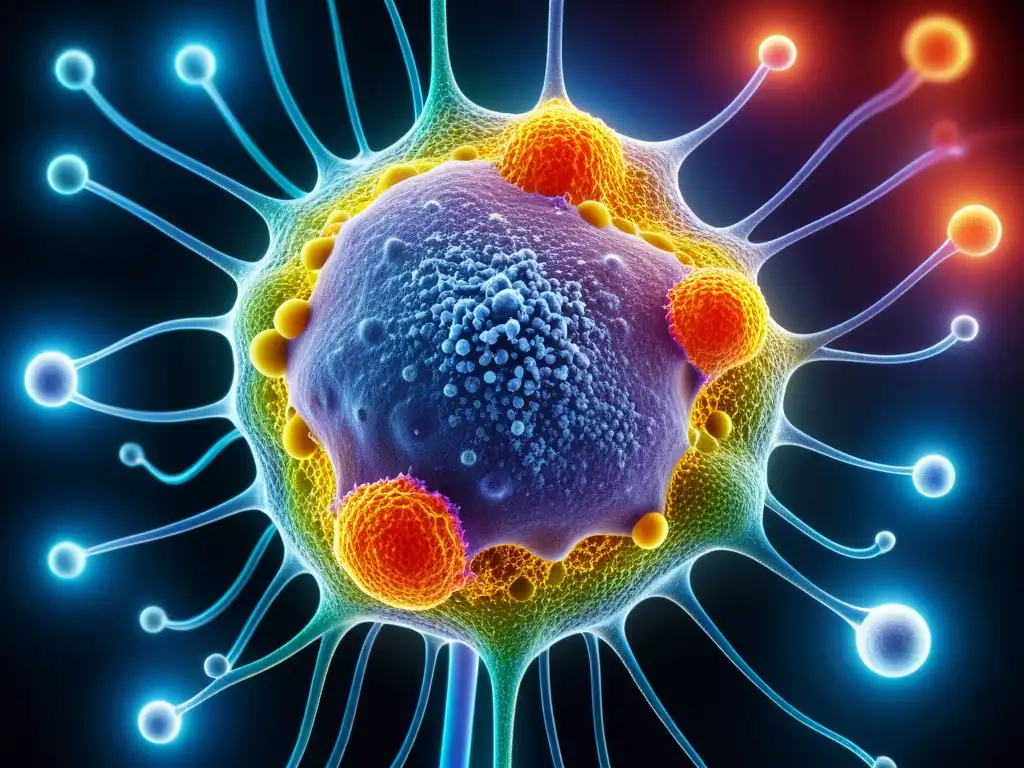 Complejidad celular: Impacto del estrés en el sistema inmune Una representación detallada de una célula inmune humana en estado de alta actividad, rodeada de moléculas de hormonas del estrés