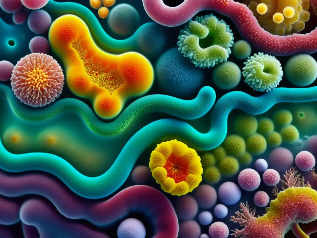 Microbiota intestinal: diversidad y equilibrio Una representación detallada y colorida de microbiota intestinal diversa y equilibrada, resaltando la importancia para el sistema inmune