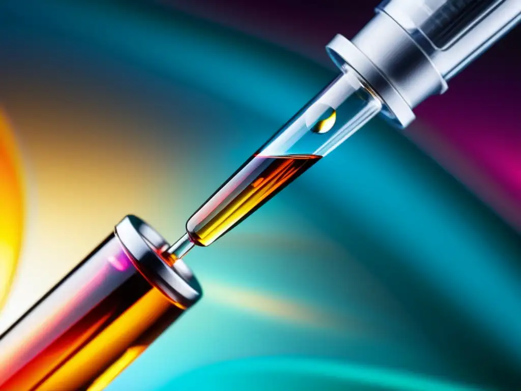 Una representación detallada y dinámica de una jeringa inyectando terapia biológica en un vial, con colores vibrantes