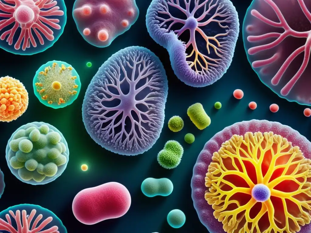 Microbiota intestinal: red vital para prevenir el cáncer Una representación detallada y vibrante de la compleja red de microbiota intestinal, destacando su relación con la salud y la prevención del cáncer