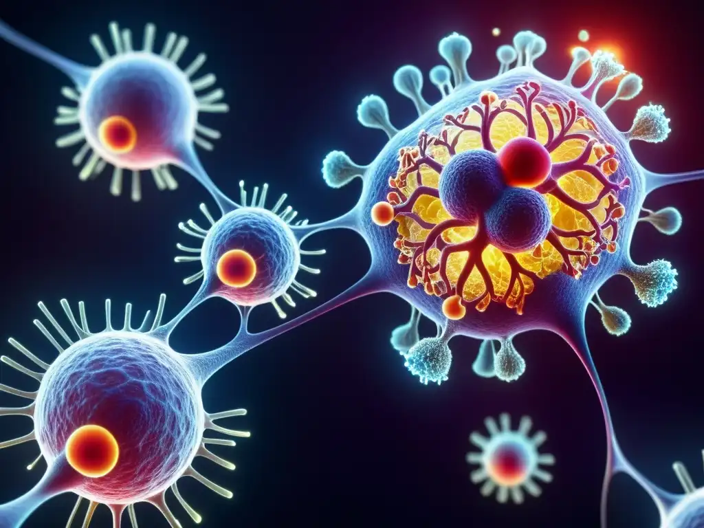 Increíble visión de células inmunes en acción Una representación detallada y vibrante del sistema inmunológico en ritmos biológicos, con células en movimiento y colores intensos