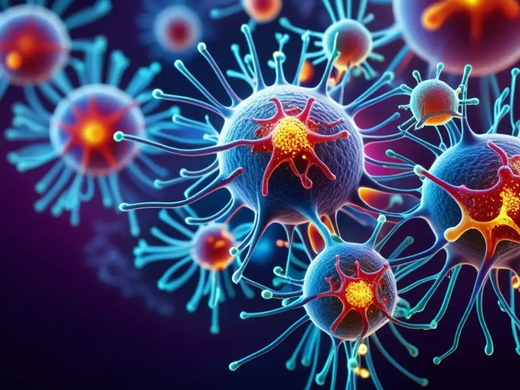 Una representación fascinante del sistema inmunológico humano luchando contra patógenos, mostrando la complejidad y belleza de la defensa del cuerpo