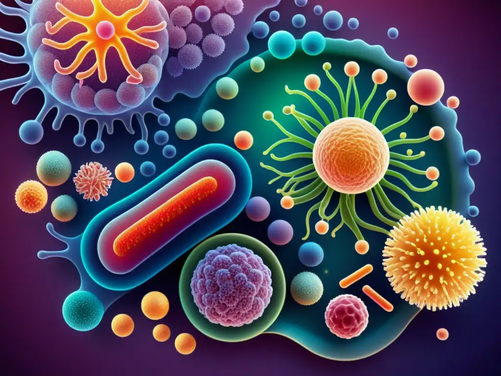Ilustración de alta resolución que muestra el complejo ecosistema de la microbiota intestinal humana, destacando su rol en la inmunidad